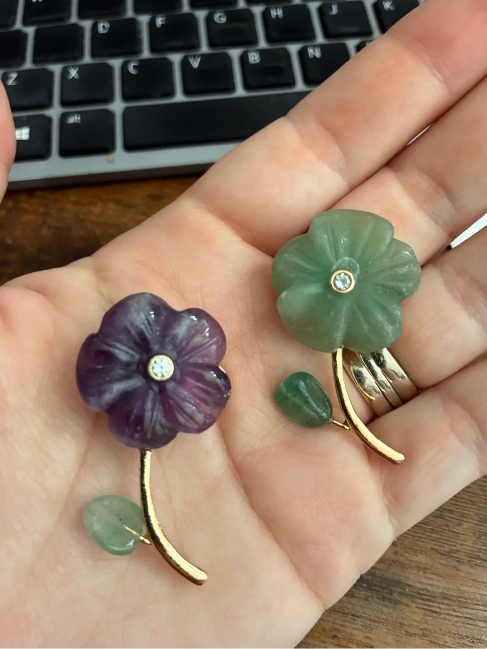 Handcrafted Floral Gemstone Brooches and Pendants in Green and Purple